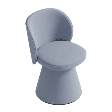 A modern, fully upholstered chair featuring a rounded backrest and a circular seat, supported by a wide, tapered conical pedestal base. The entire piece is upholstered in a smooth, light blue fabric, presenting a monolithic and sculptural form. — 3D model (AI enhanced source)
