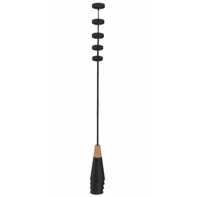 A modern pendant light featuring a series of stacked, progressively smaller black conical shades, capped by a light-colored wood accent. The light is suspended from a black cord, which connects to a ceiling canopy with multiple disc-shaped elements, suggesting a height adjustment mechanism. The overall design is minimalist and contemporary. — 3D model (AI enhanced source)