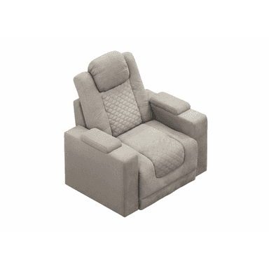 A light grey, upholstered, single-seat reclining chair with quilted accents on the backrest and seat. It features wide, padded armrests and a segmented backrest with an integrated headrest, currently shown in a reclined position. — 3D model (AI enhanced source)