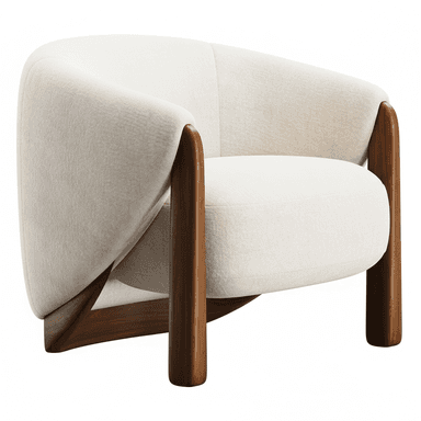A modern lounge chair featuring a distinctive curved upholstered back and seat, supported by an exposed dark wood frame. — 3D model (AI enhanced source)