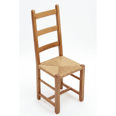 A traditional-style wooden dining chair featuring a ladder-back design and a woven rush seat, presented with a natural wood finish. — 3D model (AI enhanced source)