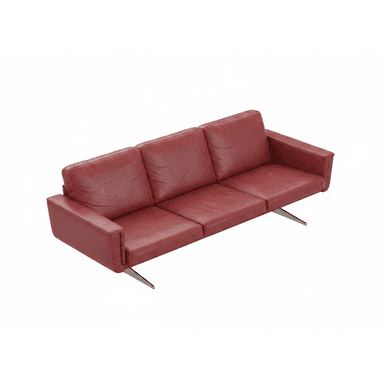 A three-seater sofa with a low profile and square arms. The sofa is upholstered in a red, textured material, likely leather, and features distinct cushion divisions. It is supported by slender, angled metal legs. — 3D model (AI enhanced source)