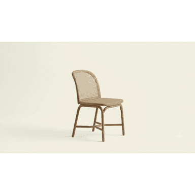 An armless dining chair featuring a gracefully curved frame that appears to be made of bentwood or a wood-effect material. Both the seat and the backrest are constructed from woven cane, providing a light, airy aesthetic. The chair has a uniform light brown or tan color, contributing to its natural and minimalist appeal. — 3D model (AI enhanced source)