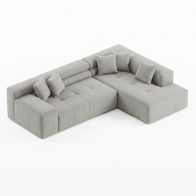 A light gray modular L-shaped sectional sofa with deep button tufting and loose back cushions, featuring a contemporary, minimalist design. — 3D model (AI enhanced source)