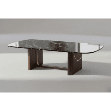A contemporary rectangular dining table featuring a dark marble top with prominent white veining, supported by two solid dark brown wooden pedestal bases. The bases are connected by a horizontal stretcher bar and feature decorative, curved brass-toned inlays on their outer faces. The table top has subtly rounded corners, contributing to its refined aesthetic. — 3D model (AI enhanced source)