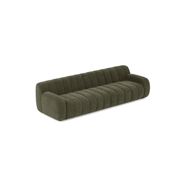 A long, low-profile sofa upholstered in a dark olive green, channel-tufted velvet fabric, featuring gently rounded armrests and a seamless, minimalist base. — 3D model (AI enhanced source)