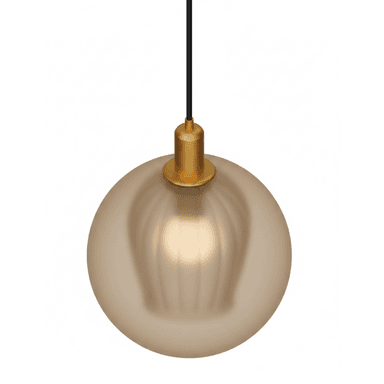 A modern pendant light featuring a large, spherical, frosted glass shade suspended by a black electrical cord and a brass-finished cap. The internal light source creates a warm, diffused glow within the globe. — 3D model (AI enhanced source)