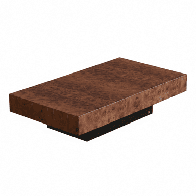A rectangular coffee table with a burl wood veneer top and a dark, solid base. The burl wood pattern is characterized by its swirling, organic grain and rich brown tones. The base appears to be a contrasting solid material, possibly wood or metal, with a matte finish. The table has a low profile and a modern, sophisticated aesthetic. — 3D model (AI enhanced source)