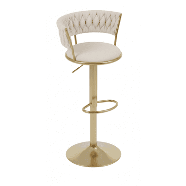 An adjustable height swivel bar stool featuring a circular upholstered seat and a low, curved backrest with vertical channel tufting. The stool is supported by a single pedestal base with a circular footrest and a round base plate, all finished in a brushed gold-tone metal. — 3D model (AI enhanced source)