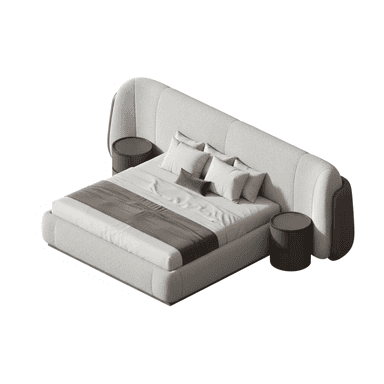 A modern, low-profile upholstered bed system featuring a wide, curved headboard with integrated circular nightstands. The bed frame and headboard are covered in a light grey textured fabric, while the nightstands and the outer, curved edges of the headboard feature a contrasting dark brown finish. The bed is presented with white and brown bedding. — 3D model (AI enhanced source)