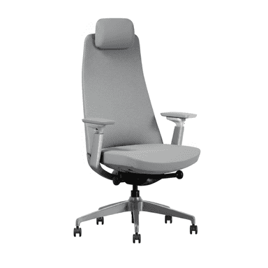 A modern ergonomic office chair in a light grey color, featuring a high backrest with an integrated adjustable headrest. The backrest appears to be constructed from a breathable mesh or textured fabric, while the seat is padded and upholstered. It has adjustable armrests with soft pads and is supported by a five-star base made of metal with black casters for mobility. The overall design emphasizes comfort and adjustability for prolonged seating. — 3D model (AI enhanced source)