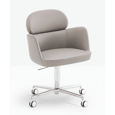 A modern upholstered office chair featuring a light grey or taupe padded seat, backrest, and integrated armrests. The chair is supported by a polished chrome five-star base with black and white casters, indicating mobility. It has a central column for height adjustment and swivel functionality. The upholstery appears to be a durable leatherette or faux leather with visible stitching details. — 3D model (AI enhanced source)