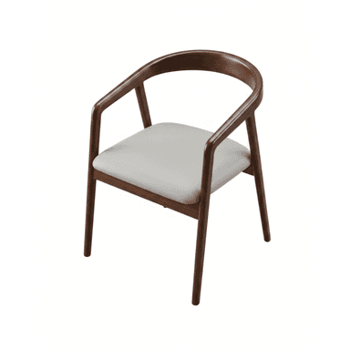 A modern armchair featuring a dark wood frame with a curved backrest that seamlessly integrates into armrests, complemented by a light gray upholstered seat. The chair stands on slender, subtly angled legs. — 3D model (AI enhanced source)