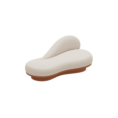A modern, sculptural chaise lounge featuring an organic, undulating form. The main body and an integrated, flowing backrest are upholstered in a light, textured fabric, resting on a subtly curved, reddish-brown wooden base. The design emphasizes fluid lines and natural shapes. — 3D model (AI enhanced source)