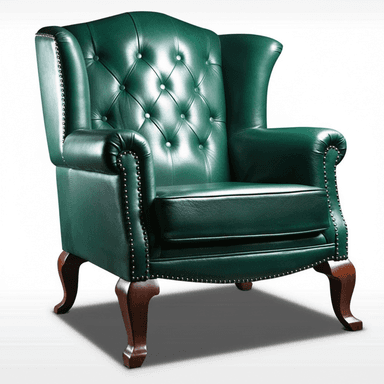 A classic wingback armchair upholstered in deep green leather, featuring extensive button tufting on the backrest, rolled arms, and decorative individual nailhead trim. The chair is supported by four dark wooden cabriole legs. — 3D model (AI enhanced source)