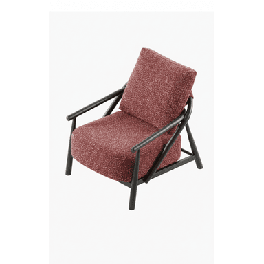 A contemporary lounge chair featuring a dark-stained wooden frame with rounded edges and separate backrest and seat cushions upholstered in a textured, speckled reddish-brown fabric. — 3D model (AI enhanced source)