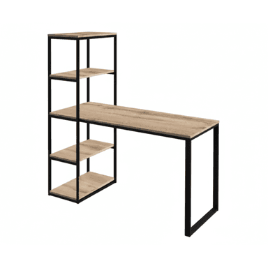 A modern industrial-style desk featuring a spacious rectangular desktop and an attached vertical open shelving unit, all supported by a sturdy black metal frame and light wood-look laminate surfaces. — 3D model (AI enhanced source)