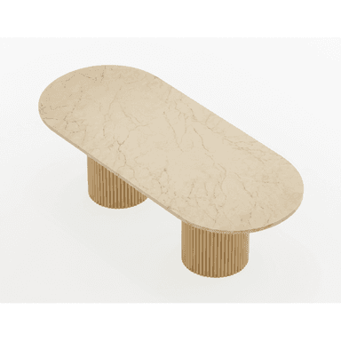 A modern coffee table with an oval-shaped top and two cylindrical bases. The tabletop has a marble-like pattern in beige and light brown. The bases are fluted, resembling vertical wooden dowels or tubes, and have a matte beige finish. — 3D model (AI enhanced source)