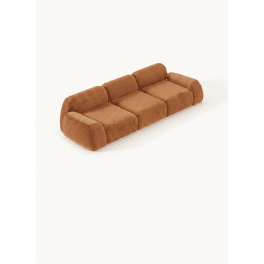 A low-profile, modular three-seater sofa with rounded edges and a plush, textured upholstery. The sofa consists of three distinct seat modules arranged linearly, each with integrated, rounded armrests and backrests that curve outwards. The overall design is contemporary and inviting, with a focus on soft forms and comfortable seating. — 3D model (AI enhanced source)