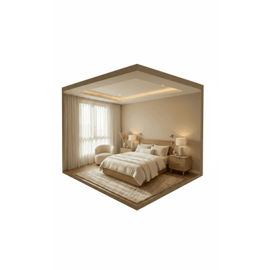 A modern platform bed constructed from light-toned wood, featuring an integrated headboard and a low-profile design. The minimalist aesthetic and clean lines contribute to a serene bedroom environment. — 3D model (AI enhanced source)