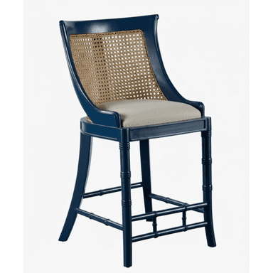 A tall navy blue bar stool with a curved cane backrest, a light-colored upholstered seat, and bamboo-style turned legs and stretchers. — 3D model (AI enhanced source)