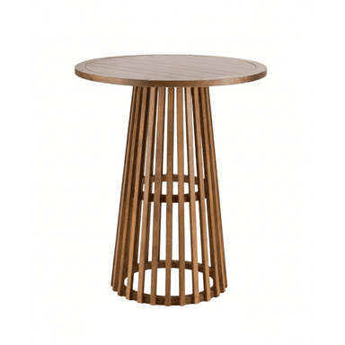 A tall, round wooden bar table featuring a distinctive slatted pedestal base and a solid wood tabletop with a natural finish. — 3D model (AI enhanced source)