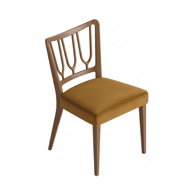 An armless chair featuring a dark brown wooden frame and a mustard yellow upholstered seat. The backrest is crafted from wood with a distinctive open-work design, consisting of several vertical, curved spindles integrated into the frame. The rectangular seat cushion is covered in a soft, velvet-like fabric, and the chair stands on four sturdy, tapered wooden legs. — 3D model (AI enhanced source)