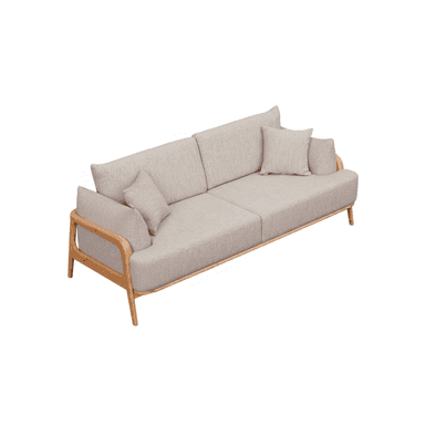 A modern three-seater sofa characterized by a prominent, exposed light-colored wooden frame and plush, light gray fabric upholstery. The sofa features clean lines, comfortable seating, and includes several matching loose throw pillows. Its design is minimalist yet inviting, suggesting a blend of comfort and contemporary aesthetics. — 3D model (AI enhanced source)