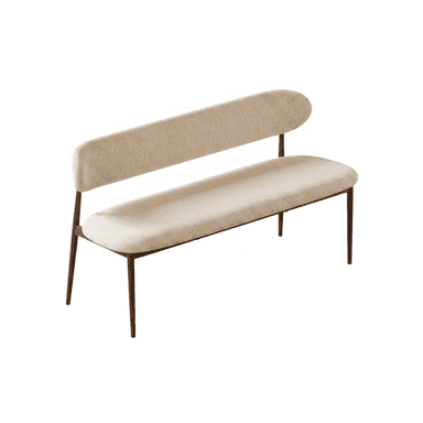 A contemporary upholstered bench featuring a rectangular seat and an elongated, asymmetrical backrest. Both components are upholstered in a light beige, finely textured fabric. The bench is supported by a slender, dark-stained wooden frame with four tapered legs. — 3D model (AI enhanced source)