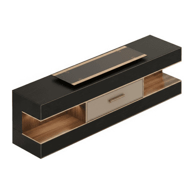 A modern, rectangular media console featuring a black faux marble top and sides, with a central light-colored drawer, two open shelves, and gold-toned metallic accents. A rectangular dark glass panel with circular markings is integrated into the top surface. — 3D model (AI enhanced source)
