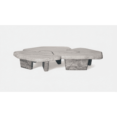 A low-profile coffee table with an organic, irregular shape. The tabletop is segmented into three distinct, curved sections that appear to interlock or flow into one another. The table is supported by four block-like legs of varying heights, also exhibiting an organic, asymmetrical form. The overall design is sculptural and abstract. — 3D model (AI enhanced source)