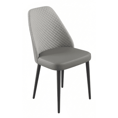 A modern, armless dining chair featuring a grey upholstered seat and a diamond-quilted backrest, supported by four slender, dark, tapered legs. The design is sleek and contemporary. — 3D model (AI enhanced source)