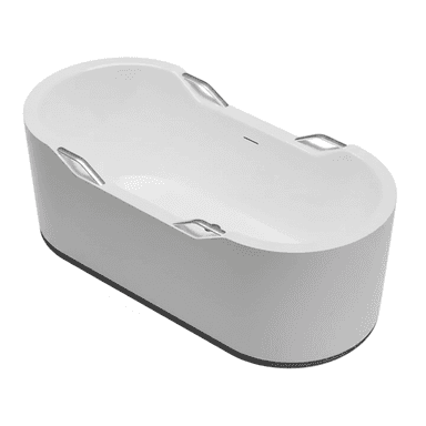 A modern freestanding bathtub with a clean, minimalist design. It features a white interior basin and a light gray exterior skirt, all with smooth, rounded edges. Four chrome-finish grab bars are integrated into the rim, two on each side, enhancing safety and accessibility. The tub has an oval shape and appears designed for comfortable soaking. — 3D model (AI enhanced source)