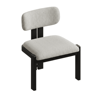 An armless upholstered chair with a light-colored, textured bouclé fabric on its seat and backrest, supported by a dark, possibly black or espresso-stained, rectangular wooden frame. — 3D model (AI enhanced source)