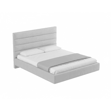 A light gray upholstered platform bed featuring an integrated headboard with horizontal channel tufting. The bed frame is low profile, fully upholstered, and designed to support a mattress directly without a box spring. It is presented with a white mattress, white pillows, and a gray throw blanket. — 3D model (AI enhanced source)
