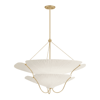 A multi-tiered chandelier featuring pleated white fabric shades supported by a polished brass frame, suspended by a rod from a ceiling canopy. — 3D model (AI enhanced source)