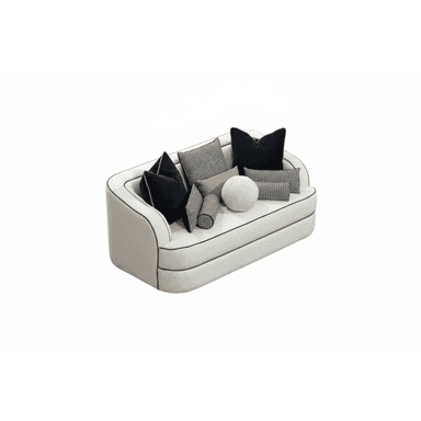 A compact, contemporary loveseat upholstered in an off-white bouclé fabric, featuring distinctive black contrast piping along its rounded edges. It is adorned with an assortment of decorative throw pillows in black, beige, and houndstooth patterns. — 3D model (AI enhanced source)