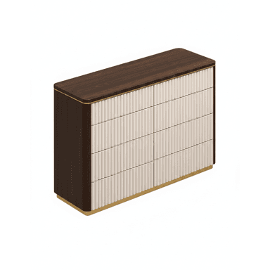A contemporary chest of drawers featuring a dark wood finish on its frame and top, contrasted with off-white fluted drawer fronts. The unit has a rectangular form with subtly rounded corners on the top and base. Slim brass accents outline the top edge and form a continuous base frame, adding a touch of elegance. The fluted texture on the drawer fronts provides visual interest and a tactile element. The piece appears to have multiple drawers, arranged in horizontal rows, suggesting ample storage capacity. — 3D model (AI enhanced source)