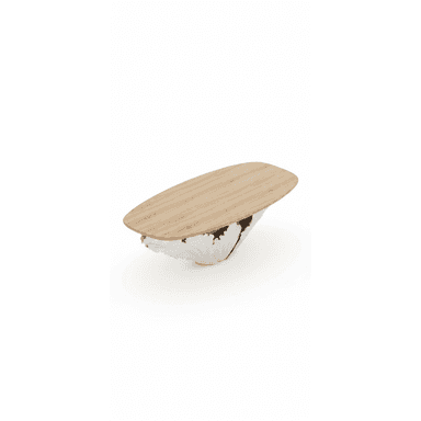 An oval-shaped coffee table featuring a light-toned wood tabletop and a distinctive, sculptural white base. The base has an organic, leaf-like or petal-like design, giving it a unique and artistic appearance. The table stands on a clean white background, highlighting its contemporary and elegant form. — 3D model (AI enhanced source)