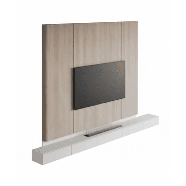 A modern wall-mounted media console system featuring a light wood veneer back panel, a mounted television, a floating white storage cabinet, and an integrated linear bioethanol fireplace. — 3D model (AI enhanced source)