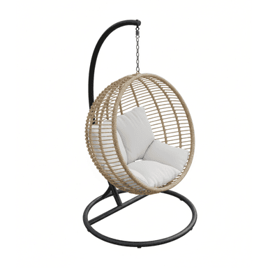 A single-person hanging egg chair featuring a woven rattan basket suspended from a black metal stand. The chair includes soft white cushions for comfort. — 3D model (AI enhanced source)
