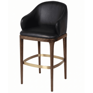 A contemporary bar stool featuring a plush black leather upholstered seat and back with integrated armrests. It is supported by a dark wood frame with four tapered legs, and includes a circular brass-toned metal footrest. — 3D model (AI enhanced source)
