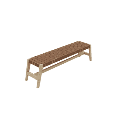 A long, rectangular bench featuring a light-colored wooden frame with a distinct woven leather strap seat in a natural brown hue. The design is minimalist and contemporary, emphasizing clean lines and natural materials. — 3D model (AI enhanced source)