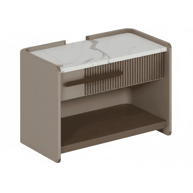 A modern nightstand featuring a white marble-patterned top surface, a fluted drawer front, and an open lower storage shelf. The main body is constructed from a taupe-colored material, likely wood or MDF, with softly rounded edges. A horizontal metallic pull handle in a brass or gold finish is centered on the drawer. The lower shelf is a darker brown, contrasting with the primary taupe frame. — 3D model (AI enhanced source)