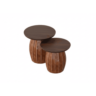 A set of two round nesting tables featuring dark wood tops and distinctive fluted, barrel-shaped ceramic bases with a glossy brown glaze. The tables are of different heights, allowing one to tuck partially under the other. — 3D model (AI enhanced source)