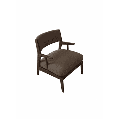 A modern lounge armchair featuring a dark wooden frame and upholstered seat and back in a brown textured fabric. The chair has open armrests and a gently curved backrest. — 3D model (AI enhanced source)
