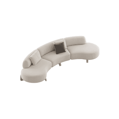 A light beige or cream-colored curved modular sectional sofa, composed of multiple upholstered segments that form a continuous, flowing seating arrangement. It features soft, rounded lines, low armrests integrated into the back, and discreet, tapered legs. A dark grey accent pillow is placed on one of the segments. — 3D model (AI enhanced source)