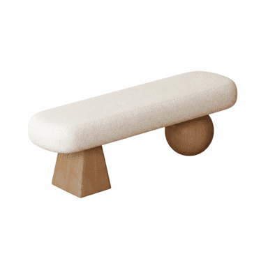 A contemporary bench featuring an elongated, rounded, upholstered seat supported by an asymmetrical wooden base. The seat is covered in a cream-colored bouclé fabric, and the base consists of one triangular, block-like leg and one spherical leg, both made of light-toned wood. — 3D model (AI enhanced source)