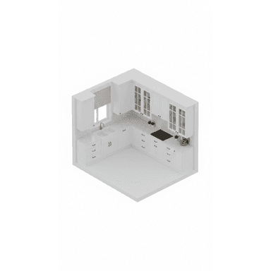 A 3D render depicting a modern L-shaped kitchen layout. It features white Shaker-style base and wall cabinets, a light grey countertop, an integrated double-basin sink with a gooseneck faucet, and a black induction cooktop. Some upper cabinets have glass fronts, and all cabinetry is fitted with dark minimalist hardware. Small decorative plants and kitchen items are placed on the counter. — 3D model (AI enhanced source)