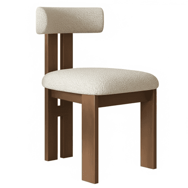 A modern dining chair featuring a solid wooden frame with block legs and a distinctive cylindrical bolster backrest. Both the seat and backrest are upholstered in a textured, off-white bouclé fabric, providing a soft contrast to the dark brown wood. The design is minimalist, emphasizing clean lines and robust construction. — 3D model (AI enhanced source)